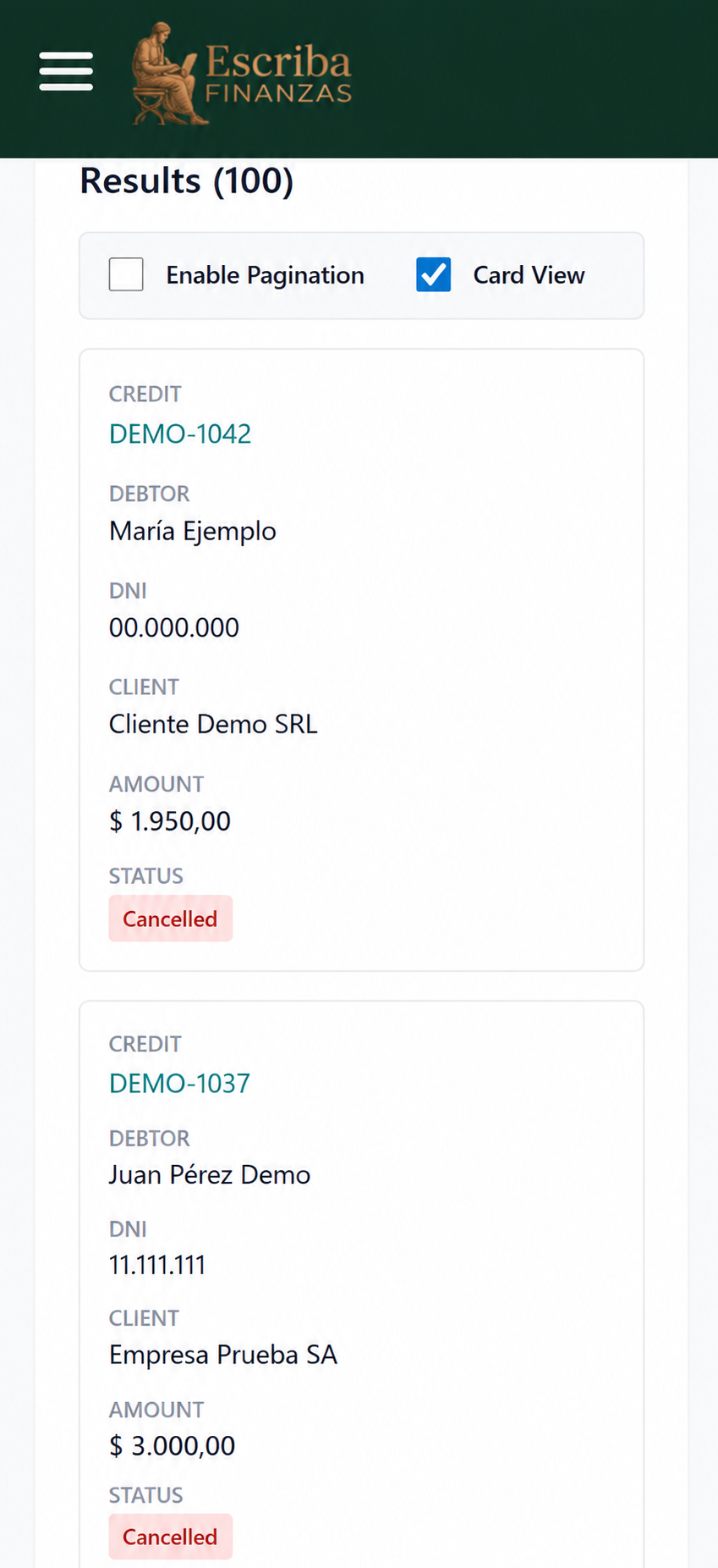 Escriba Finanzas application interface — mobile capture