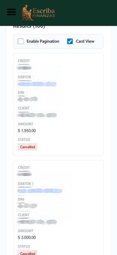 Escriba Finanzas application interface — mobile capture