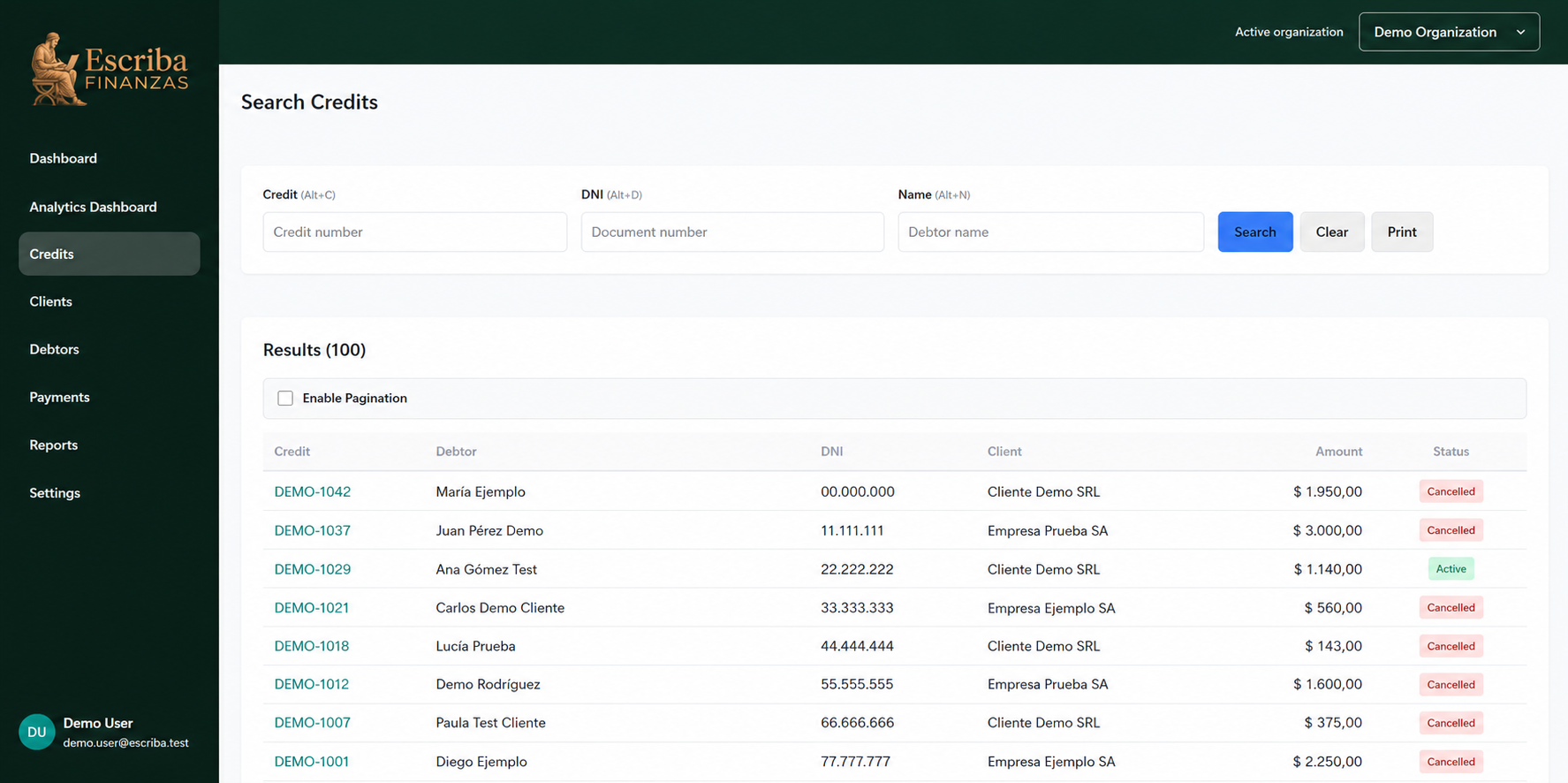 Escriba Finanzas application interface — desktop capture