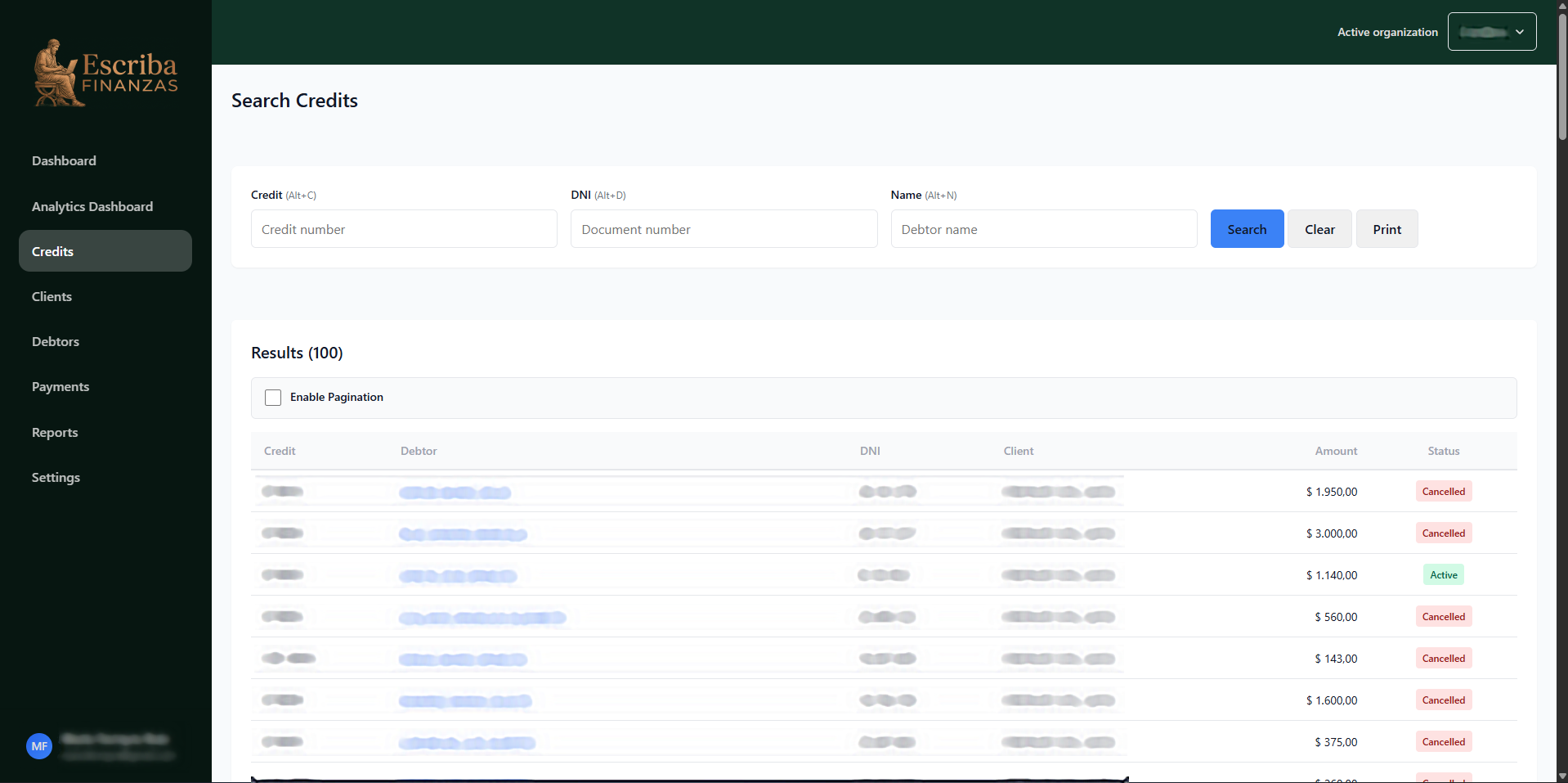 Escriba Finanzas application interface